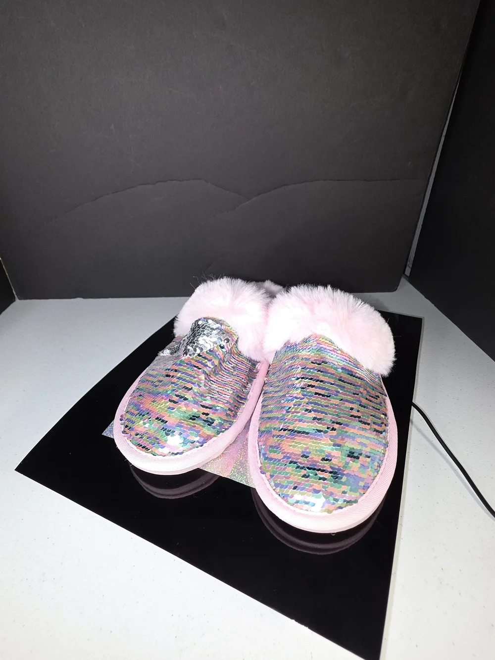The Children's Place Flip Sequin Faux Fur Slippers Pink Multi Big Girl Sz 5/6